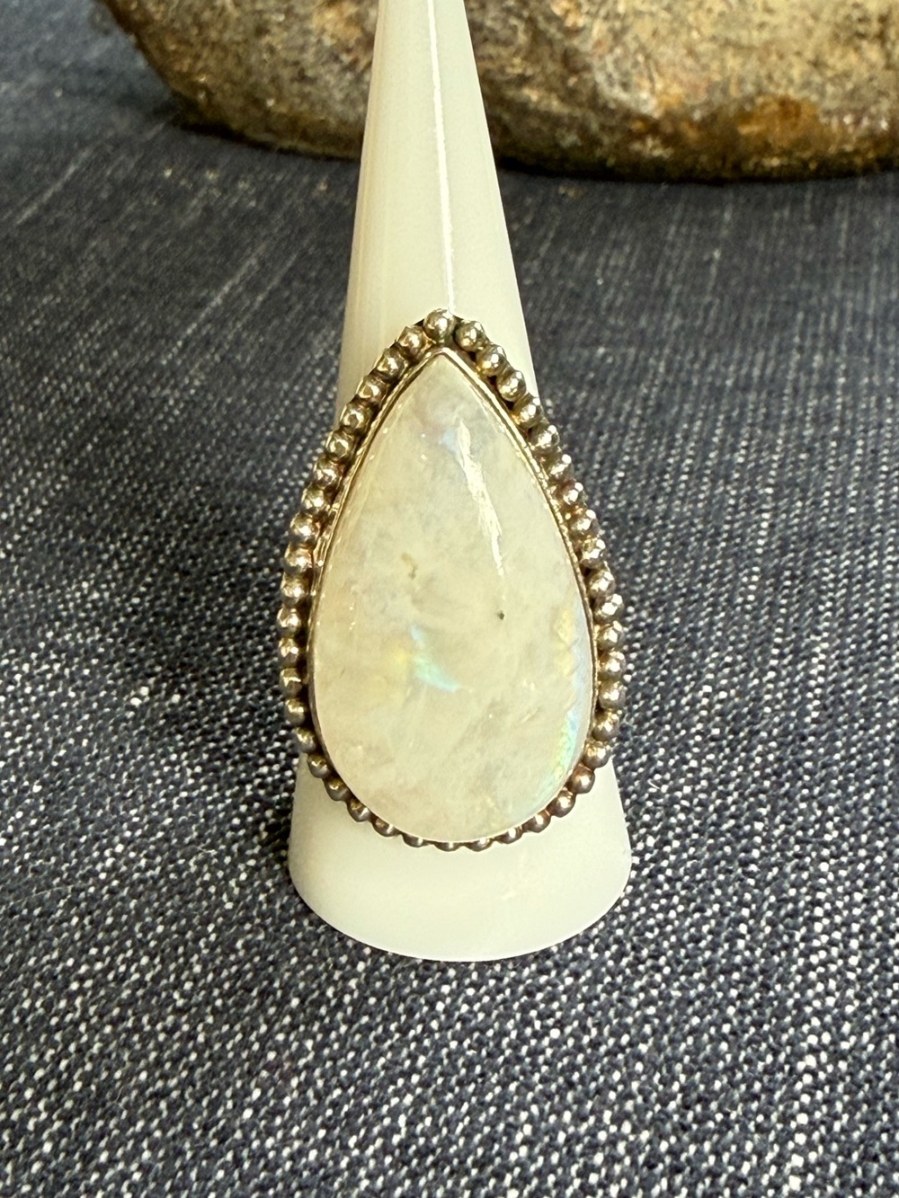 Hand Crafted Pearl-White Teardrop Moonstone Ring with Silver Beaded Halo